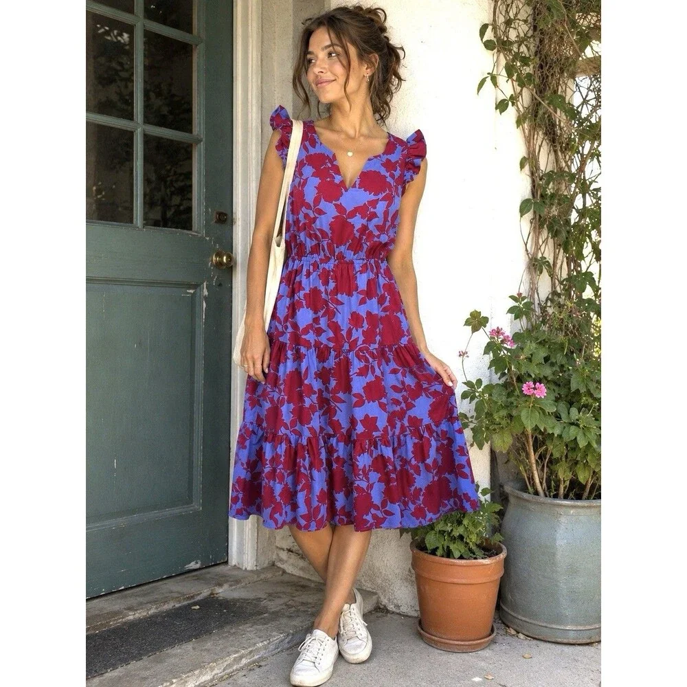 J.Crew Dress Size 4 Purple Red Floral Midi Ruffle Sleeve Cotton Tiered Casual